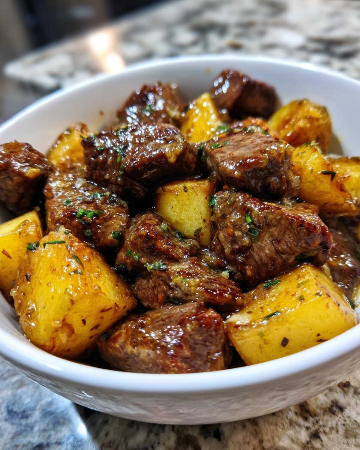 Garlic Butter Beef Bites & Potatoes