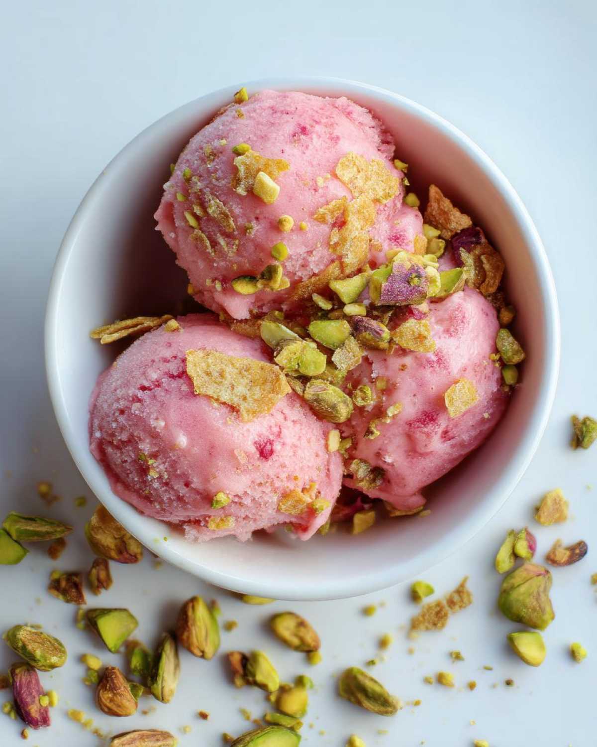 Rhubarb sorbet with pistachio brittle