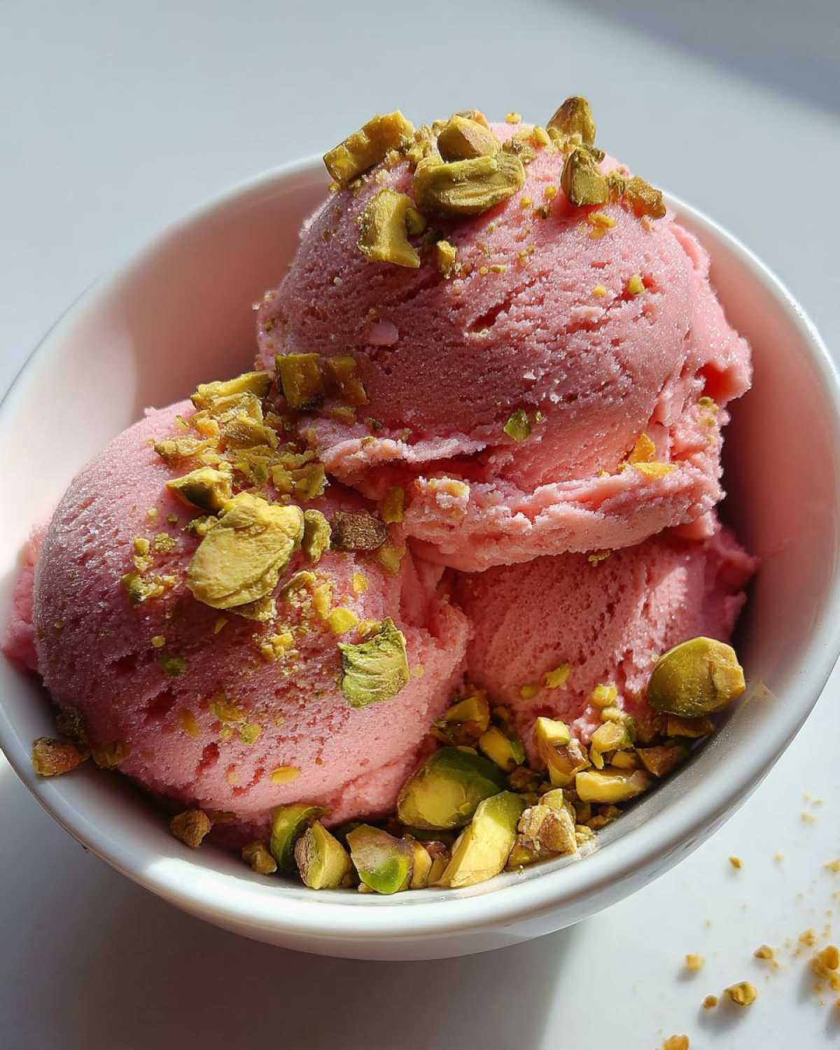 Rhubarb sorbet with pistachio brittle
