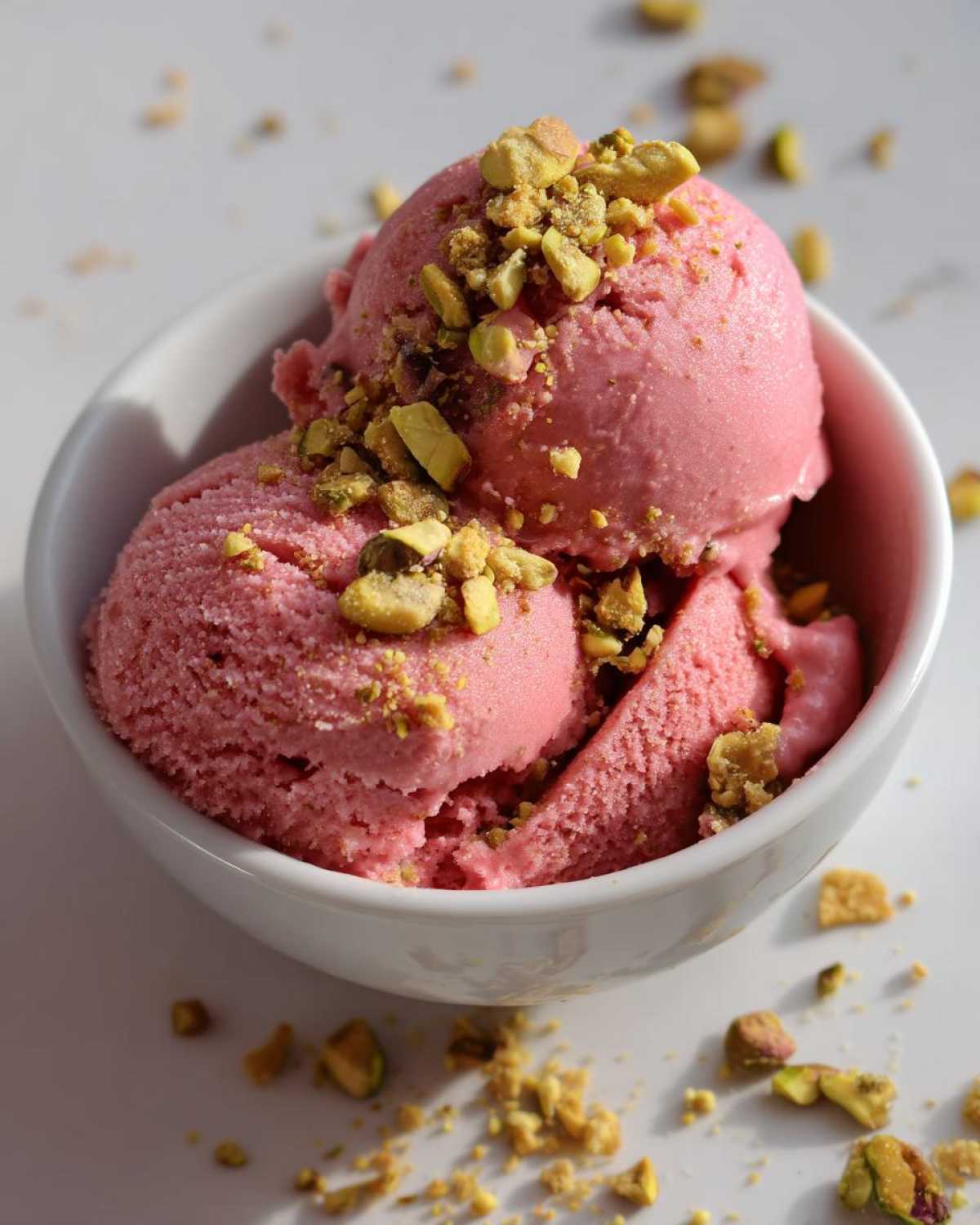 Rhubarb sorbet with pistachio brittle