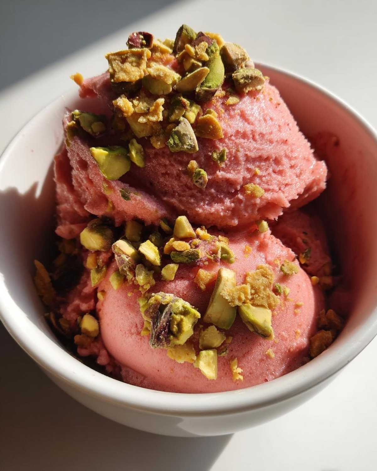Rhubarb sorbet with pistachio brittle