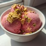 Rhubarb sorbet with pistachio brittle