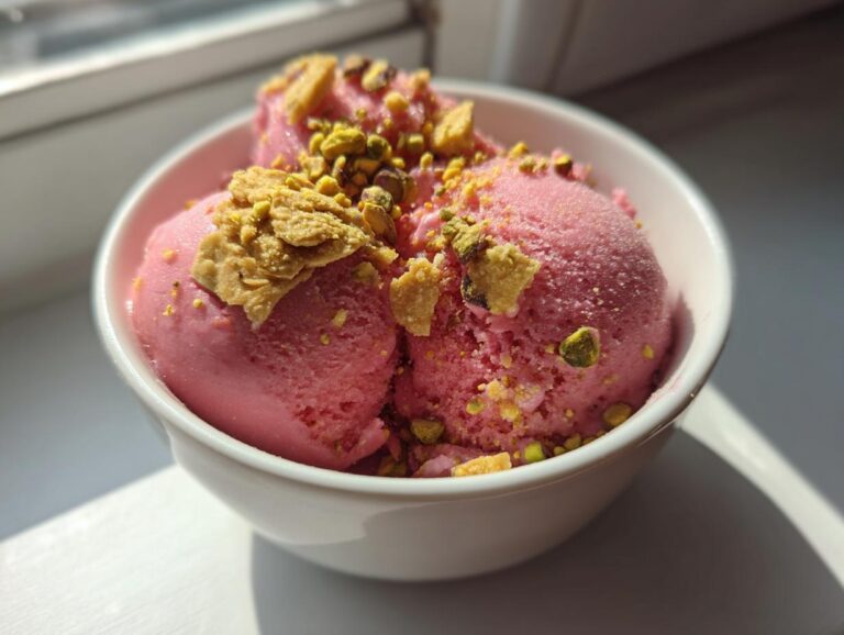 Rhubarb sorbet with pistachio brittle