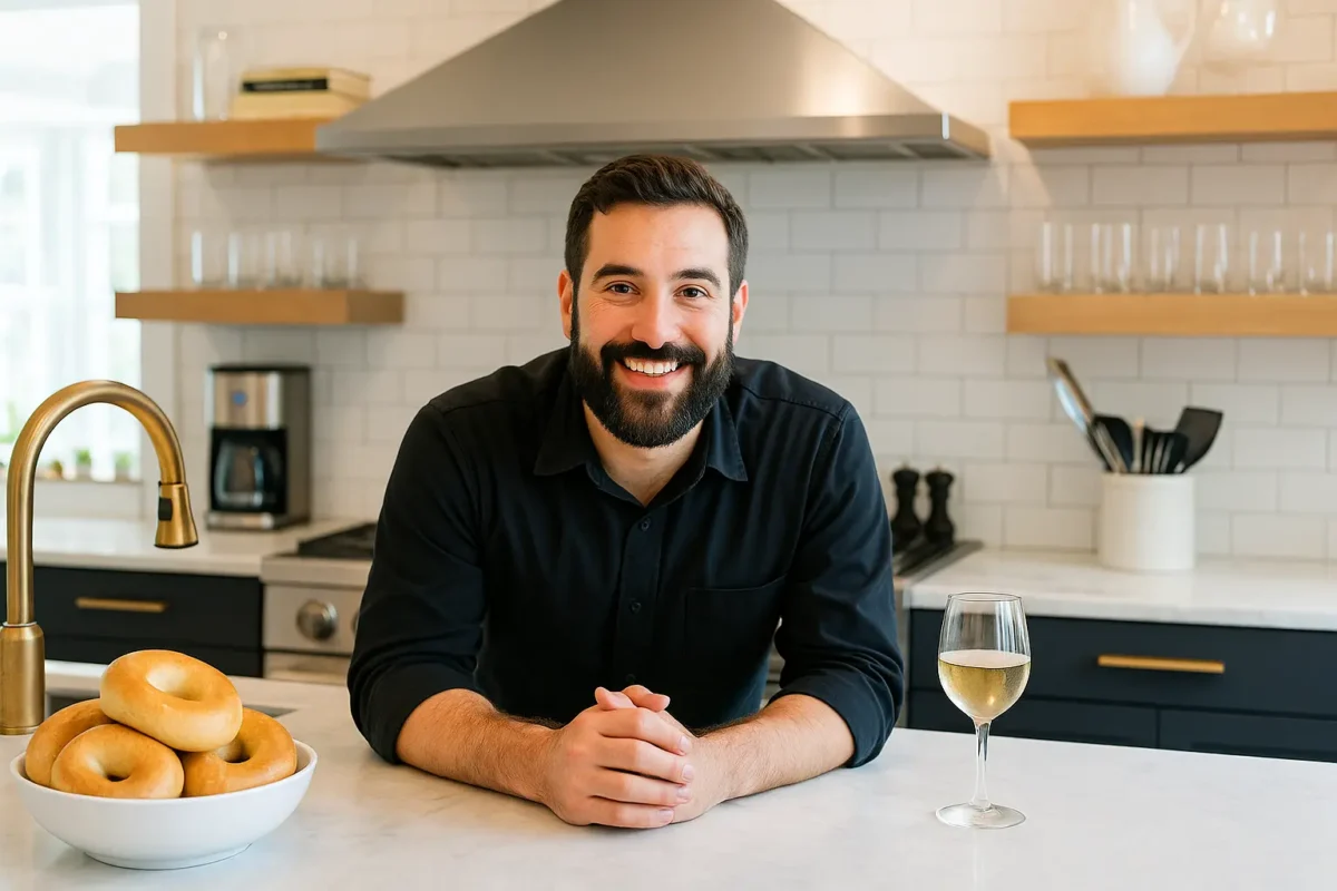Alex, the founder of Pure Cooking Joy, smiling warmly in his modern kitchen with a bowl of bagels and a glass of white wine.