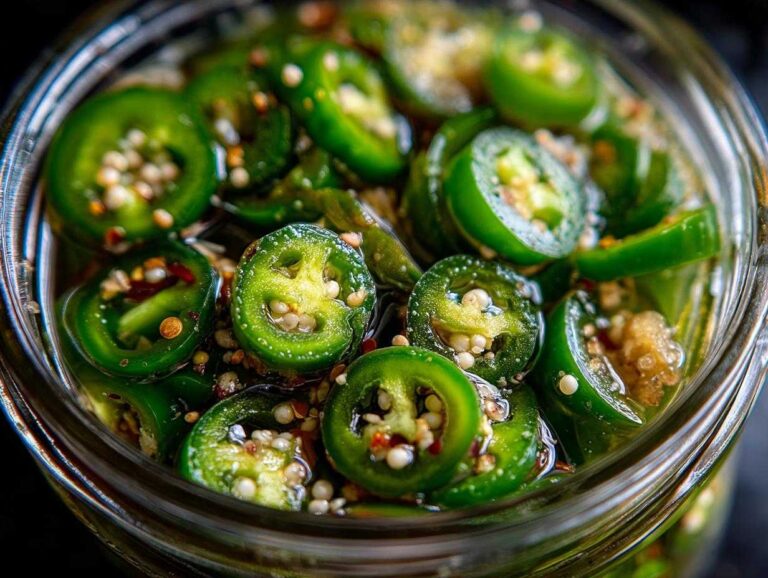 Close-up of vibrant green pickled jalapenos slices in a glass jar, showcasing their texture and brine.