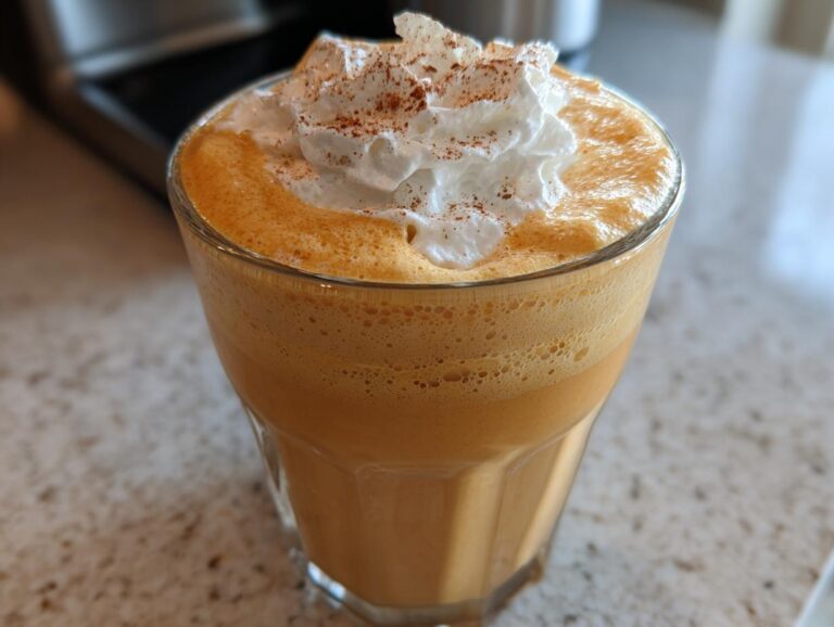 A glass filled with pumpkin cold foam, topped with whipped cream and a sprinkle of cinnamon.