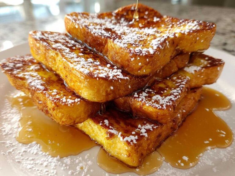 A stack of golden pumpkin french toast, drizzled with syrup and dusted with powdered sugar.