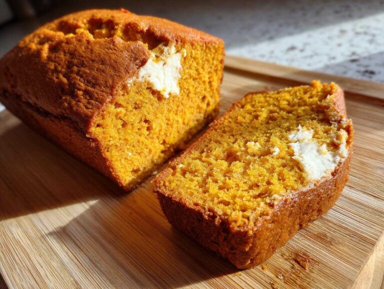 A delicious pumpkin loaf with a cream cheese filling, sliced on a wooden board, ready to eat.