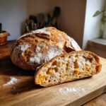 A loaf of pumpkin sourdough bread with a slice cut, showing the texture and pumpkin color.