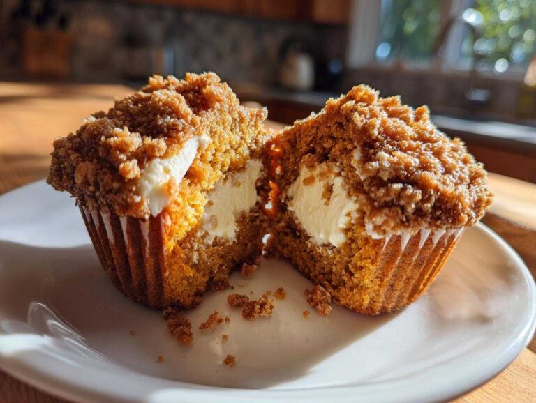A Starbucks pumpkin cream cheese muffin, cut in half to show the cream cheese filling and crumb topping.