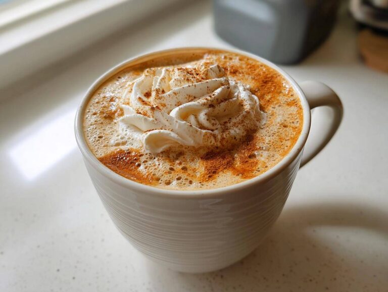 A creamy Starbucks pumpkin spice latte in a white mug, topped with whipped cream and pumpkin spice.