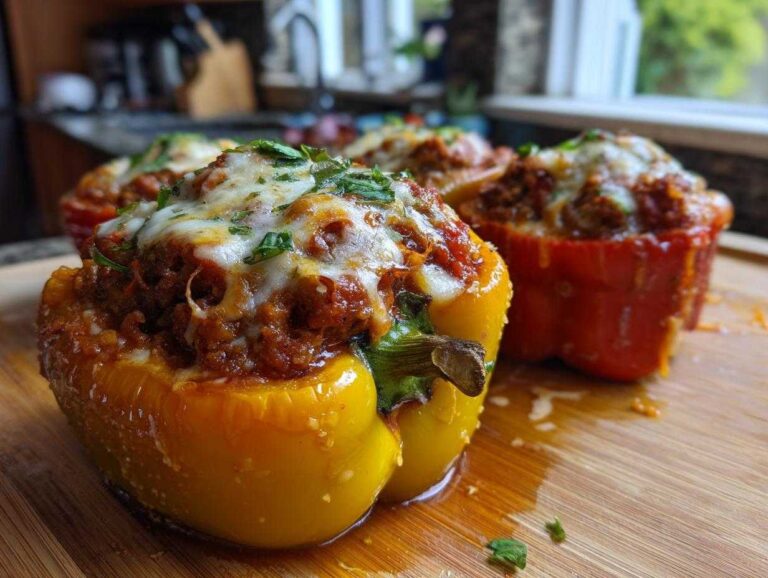Close-up of colorful stuffed banana peppers topped with melted cheese and herbs on a wooden board.