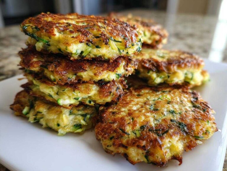 A stack of golden brown zucchini fritters on a white plate, showcasing their crispy texture and fresh zucchini.