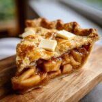 A slice of homemade apple pie filling with a flaky crust and butter squares on top, sitting on a wooden board.