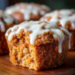 Close-up of a carrot cake muffin with cream cheese icing dripping down the side.