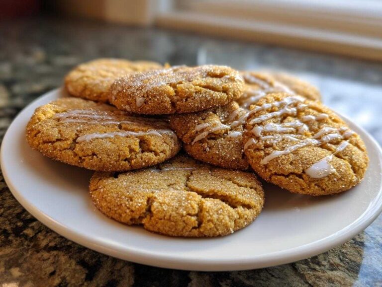 Pile of homemade chai cookies on a white plate, some drizzled with icing.