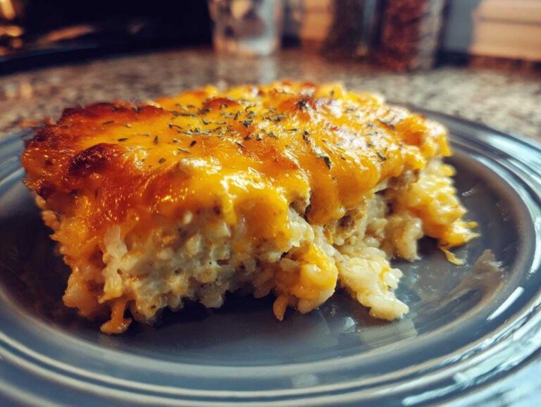 A slice of cheesy hamburger rice casserole on a plate, topped with melted cheese and herbs.