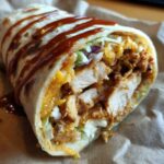 Close-up of a tasty chicken and cheese wrap with sauce, lettuce, and cheese.