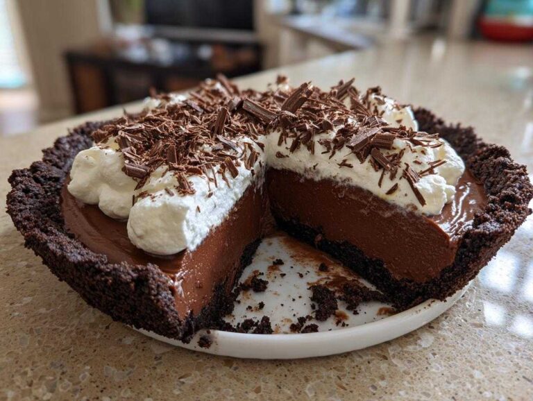 A decadent chocolate cream pie with a slice removed, topped with whipped cream and chocolate shavings.