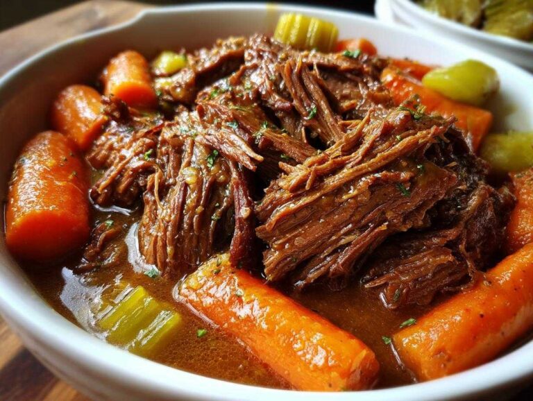 A close-up of a hearty crockpot pot roast with carrots, celery, and tender shredded beef in a rich gravy.