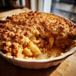 Close-up of a freshly baked apple crumble with a golden brown, crumbly topping.