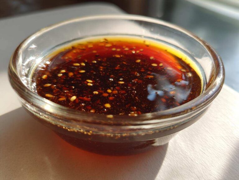 Close-up of homemade dumpling sauce in a clear glass bowl, showing sesame seeds and rich color.