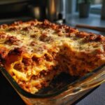 Delicious homemade Lasagna with Cottage Cheese in a glass baking dish, showing layers of pasta, meat sauce, and cheese.
