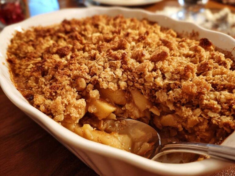 Close-up of a delicious apple crisp with oats in a white baking dish, ready to be served.