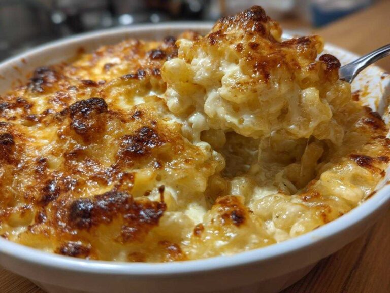 Close-up of delicious baked mac and cheese with a golden, bubbly crust being lifted with a fork.