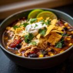 A vibrant bowl of tortilla soup, topped with tortilla chips, sour cream, cilantro, and lime wedges.