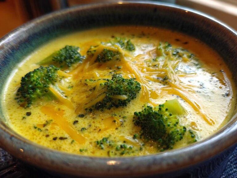 Close-up of a bowl of broccoli cheese soup, topped with shredded cheese and broccoli florets.