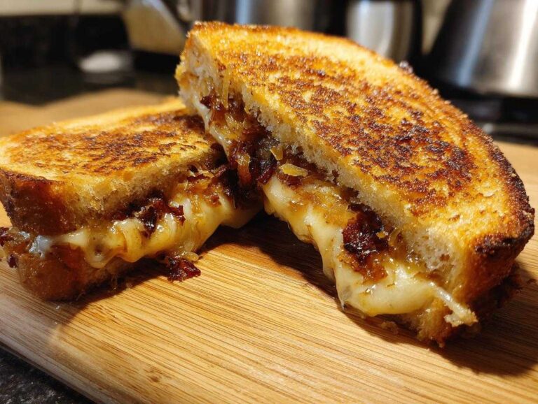 Delicious caramelized onion grilled cheese sandwich cut in half, showing melted cheese and onions.