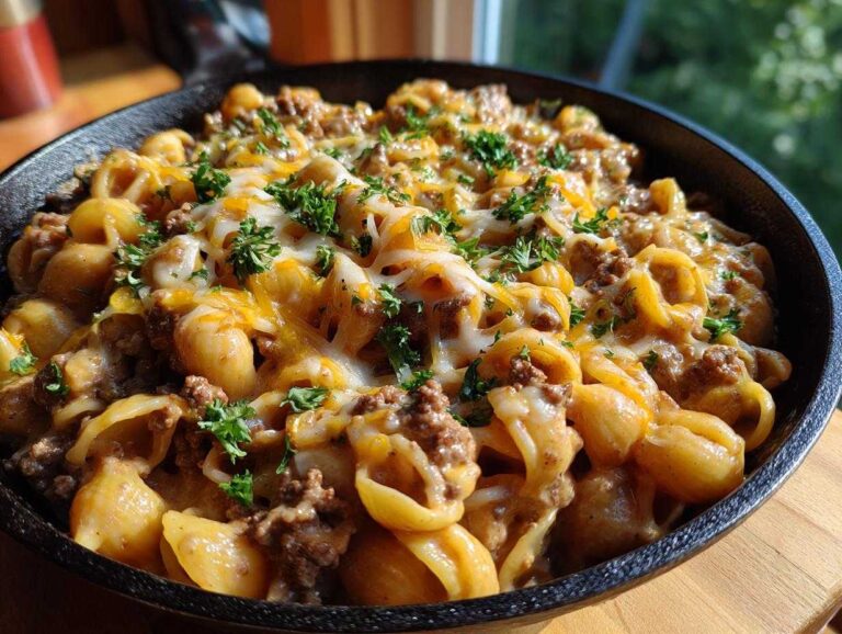Overhead view of Cheeseburger alfredo pasta in a cast iron skillet, topped with melted cheese and parsley.