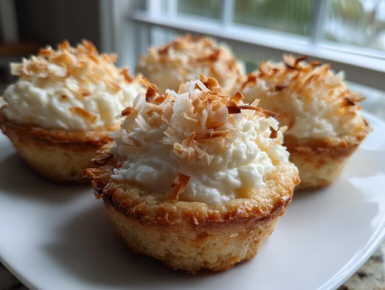 Four coconut cream pie cookie cups on a white plate, topped with toasted coconut flakes.