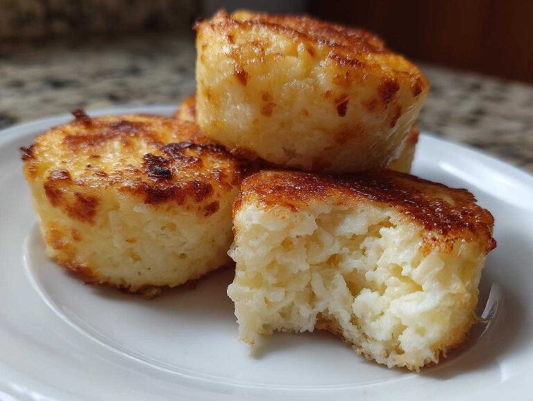 A stack of golden brown cottage cheese egg bites on a white plate, one with a bite taken out.