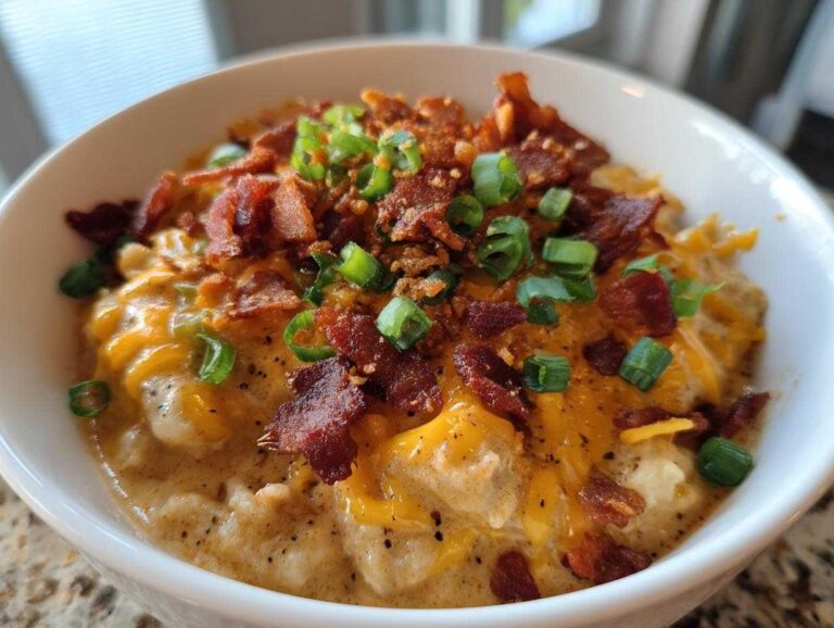 A bowl of creamy crack potato soup topped with cheese, bacon, and green onions.