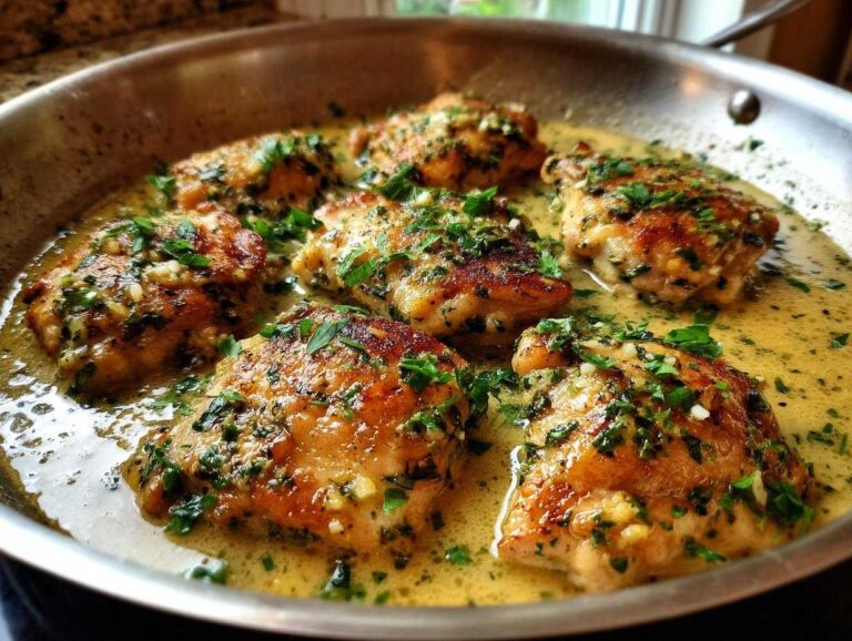 Pan of creamy garlic herb chicken thighs, golden brown and garnished with fresh herbs in a creamy sauce.