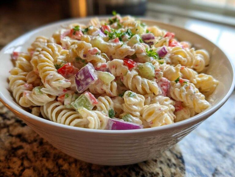 A close-up of a bowl filled with creamy pasta salad, featuring spiral pasta, red onion, cucumber, and herbs.