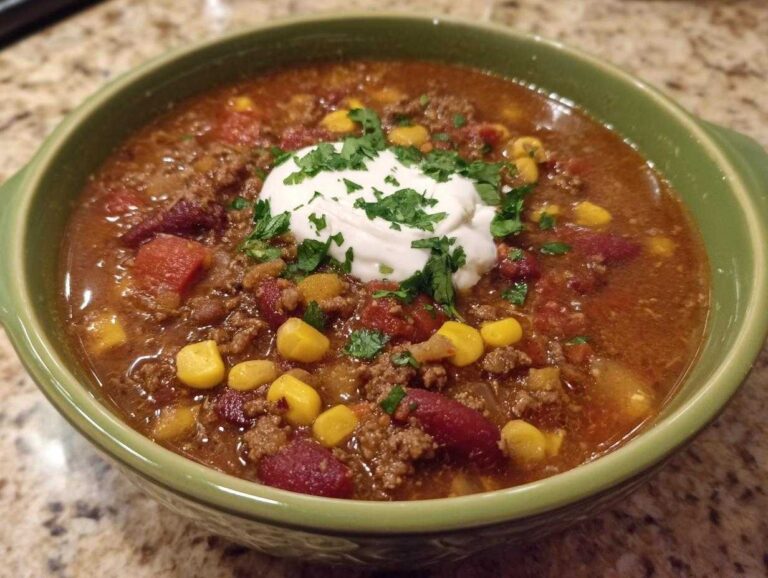 A bowl of creamy taco soup topped with sour cream and parsley. Features corn, beans, and ground beef.