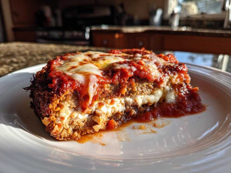 A slice of crispy baked eggplant parmesan with layers of eggplant, cheese, and tomato sauce on a white plate.