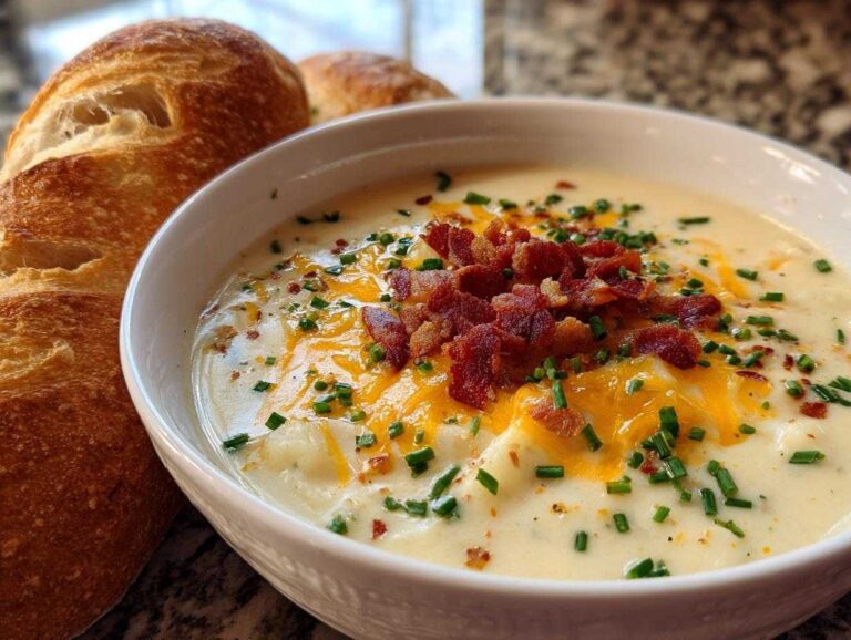 Bowl of creamy crock pot potato soup topped with bacon, cheese, and chives, served with crusty bread.
