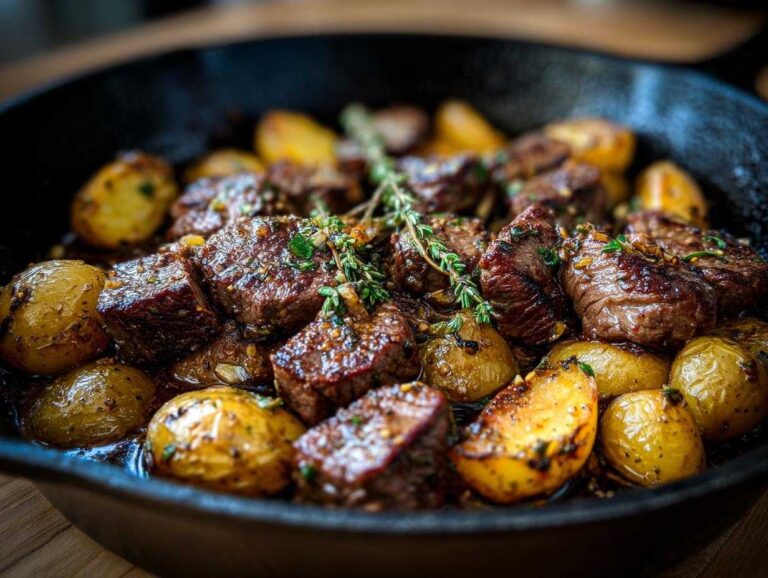 Close-up of garlic butter steak bites and potatoes in a cast iron skillet, garnished with herbs.