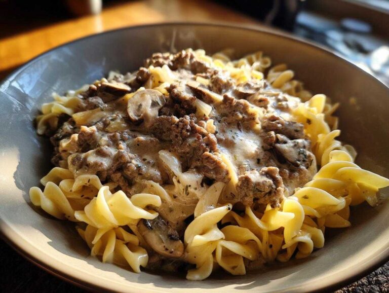 A bowl of creamy ground beef stroganoff with egg noodles and mushrooms, ready to eat.