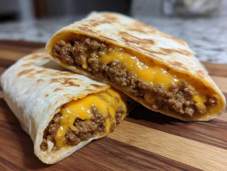 Two halves of ground beef tortilla wraps filled with seasoned ground beef and melted cheese on a wooden board.