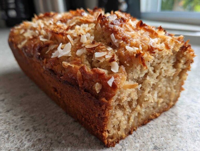 A loaf of Hawaiian banana bread topped with toasted coconut flakes, fresh out of the oven.