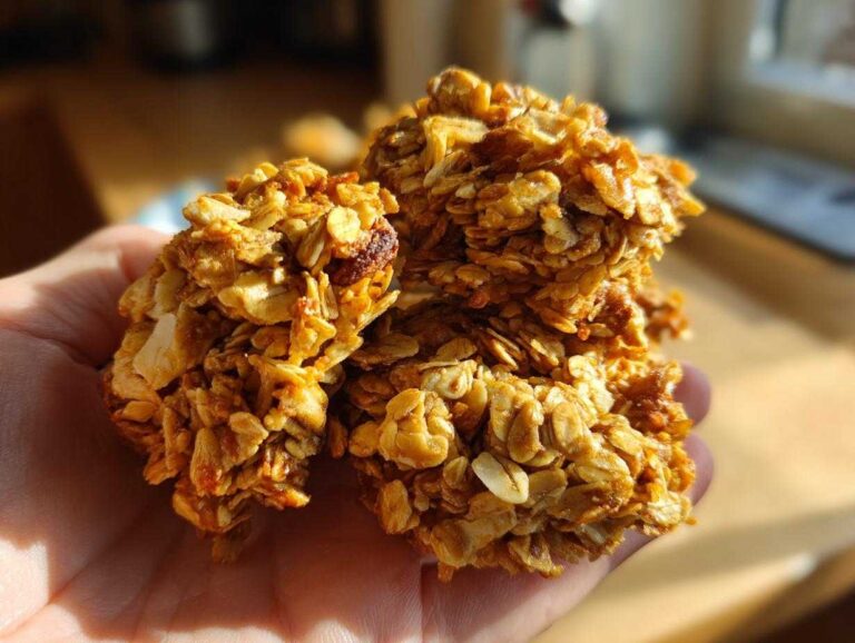 A hand holds a stack of golden brown, homemade granola clusters, showcasing their texture and deliciousness.