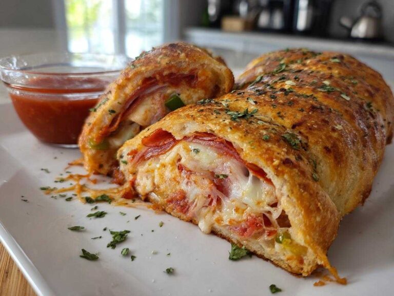 Two slices of homemade stromboli filled with cheese, pepperoni, and ham, served with a side of marinara sauce.