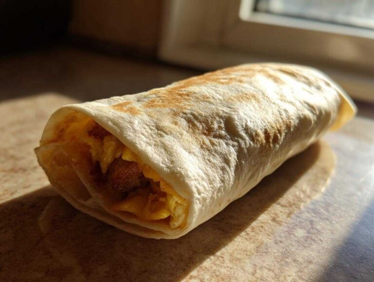 A close-up of a tasty make ahead breakfast burrito filled with eggs, sausage, and other delicious fillings.