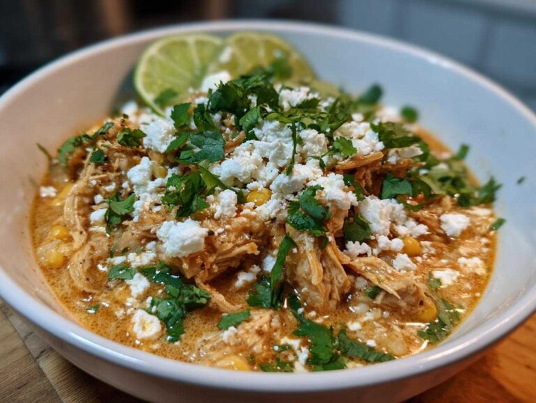 A bowl of creamy Mexican street corn white chicken chili, topped with cheese, cilantro, and lime wedges.
