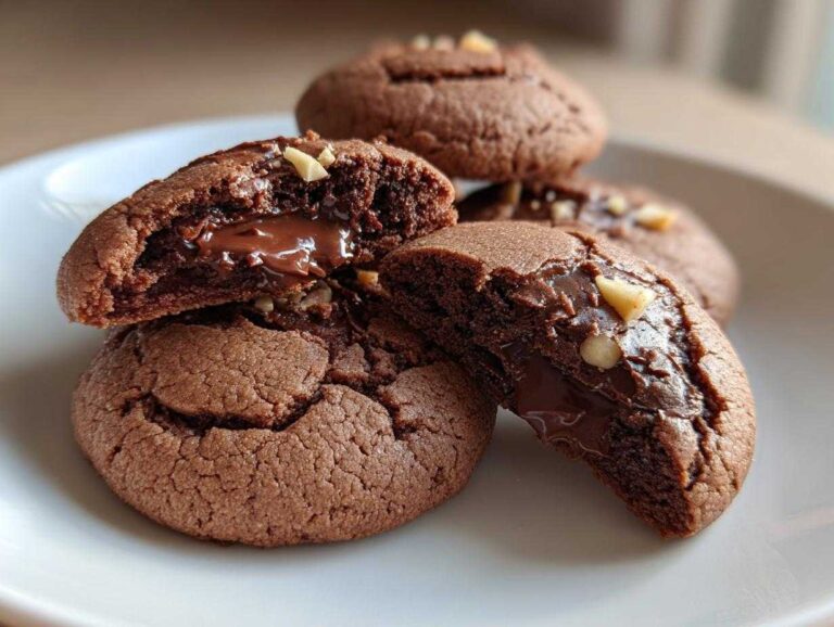 Delicious Nutella cookies on a white plate, one cookie broken open to show the gooey Nutella center and nut pieces.